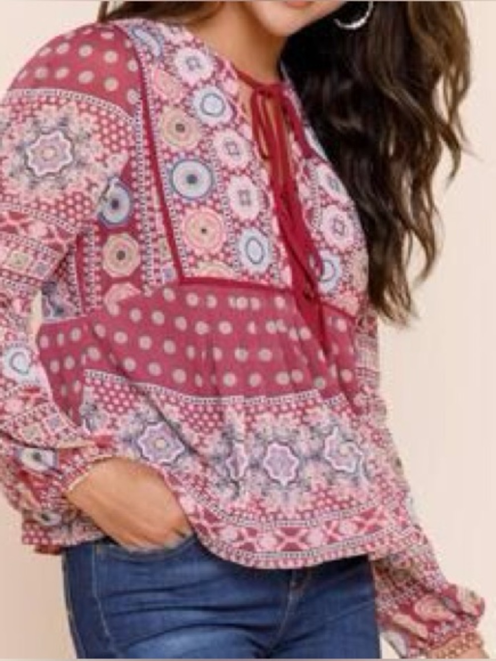 Francesca’s Blue Rain Burgundy Floral Lace-Up Boho Blouse - Size S